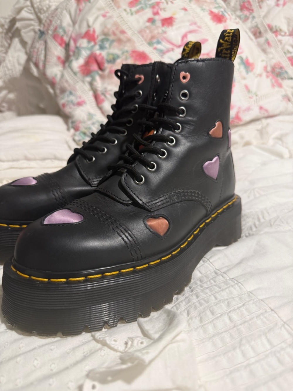 Dr. Martens Black Platform Lace-Up Boots with Pink & Brown Heart Accents
